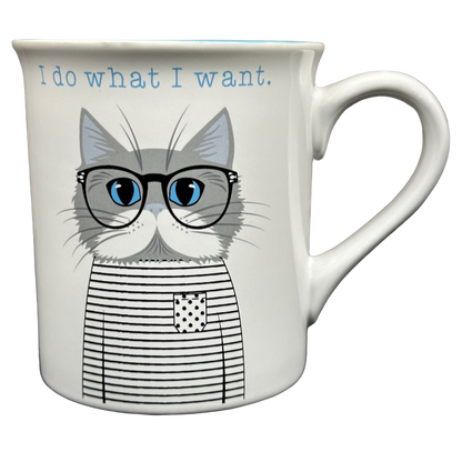 I Do What I Want Gray Cat Wearing Glasses White Mug With Blue Interior Love Your Mug