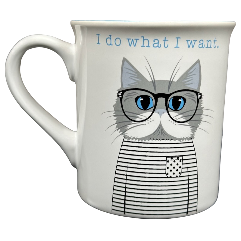 I Do What I Want Gray Cat Wearing Glasses White Mug With Blue Interior Love Your Mug