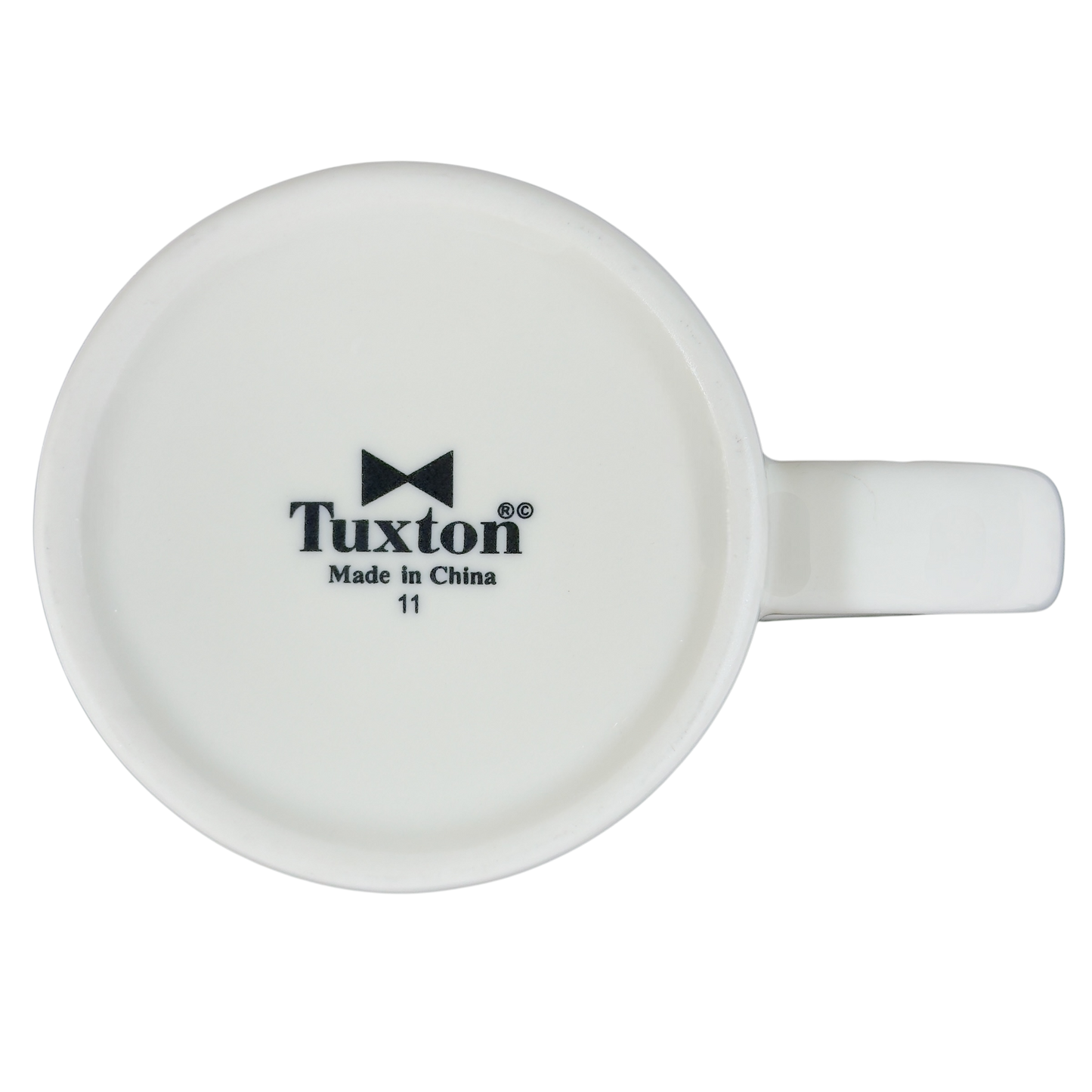 Bottom view of Black Bear Diner vintage Tuxton mug showing Tuxton logo and handle on black background