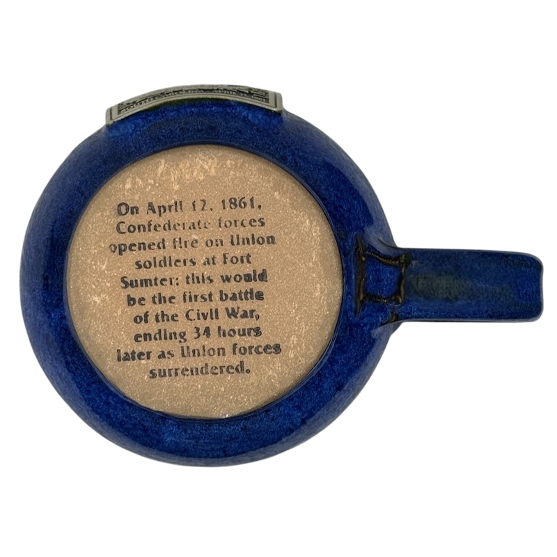 Fort Sumter National Monument vintage pottery mug showing blue glazed base with printed Civil War text about April 12 1861