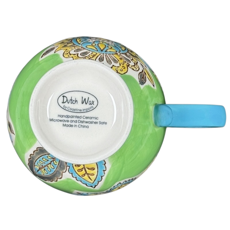 Dutch wax floral footed vintage mug handpainted ceramic green floral pattern blue handle and labeled base
