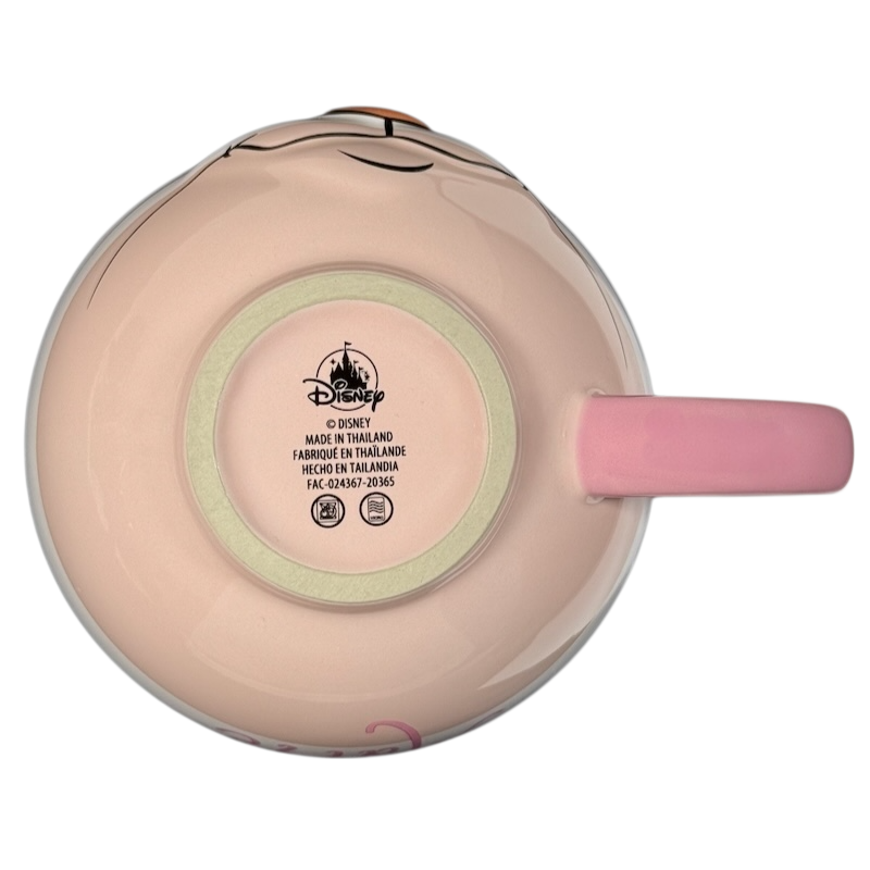 Bottom view of Marie Aristocats Vintage Smile Disney mug showing pink handle and Disney logo