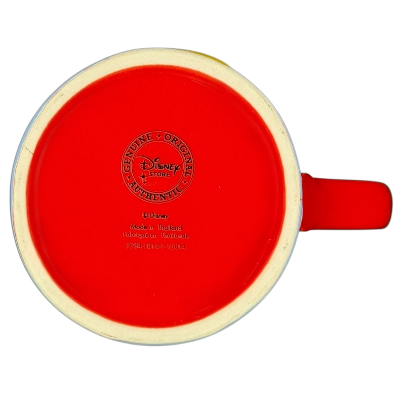 Red bottom view of a Mickey Mouse embossed stars Disney mug showcasing the Disney brand logo