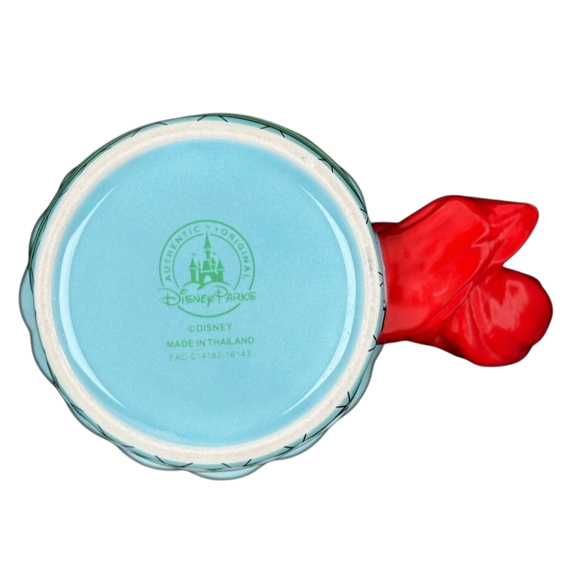 Ariel The Little Mermaid Disney Parks vintage mug showing blue bottom with Disney Parks stamp and red tail handle