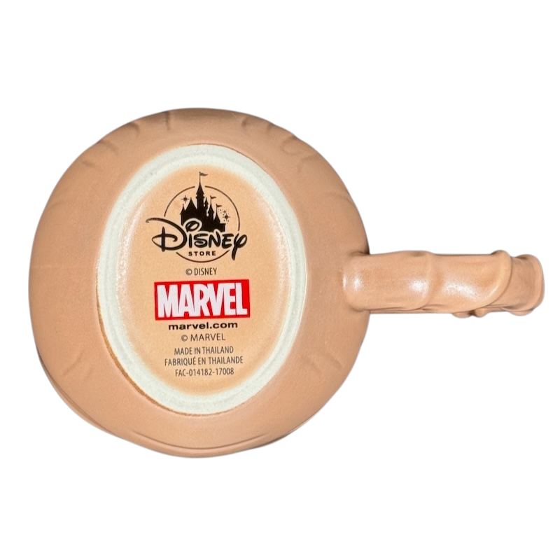 Disney Marvel branded Guardians of the Galaxy Groot mug bottom view showing logos and textured wood handle