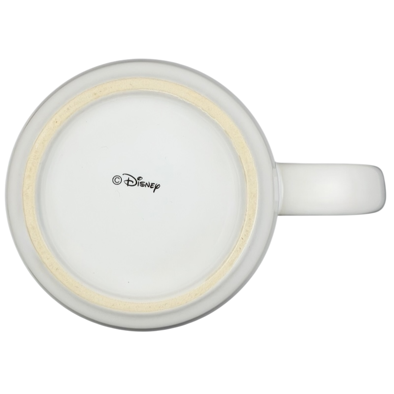 Bottom view of a white Disney mug featuring Tinker Bell sparkle Disney mug design for fairy fans