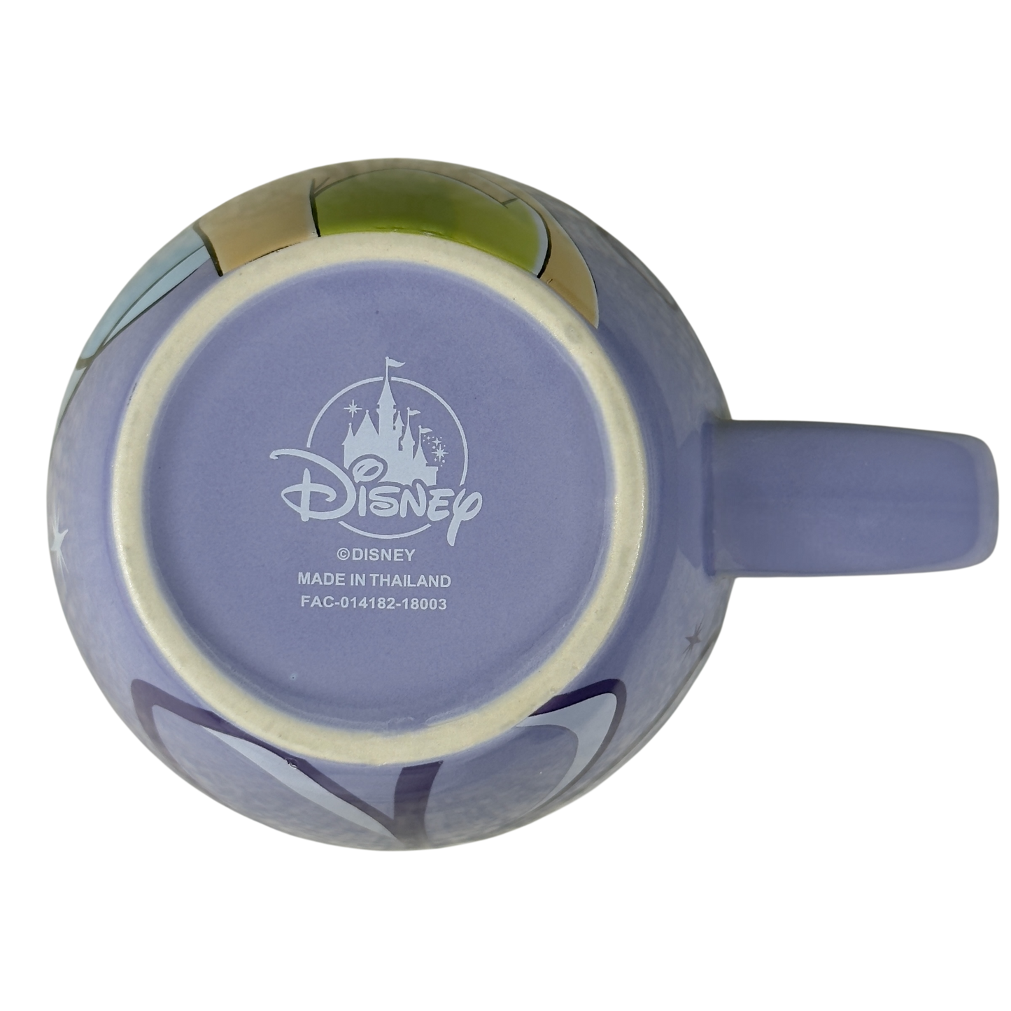 Bottom view of a vintage Tinker Bell Disney mug showing Disney logo and manufacturing details