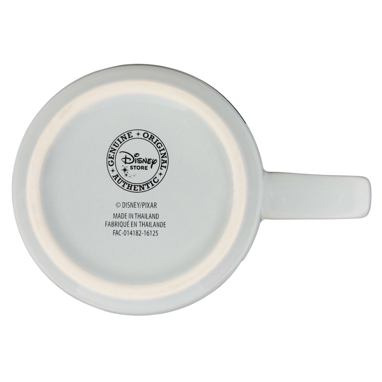 Bottom view of Disney vintage Toy Story mug for sale showing authentic Disney Store stamp and manufacturing details