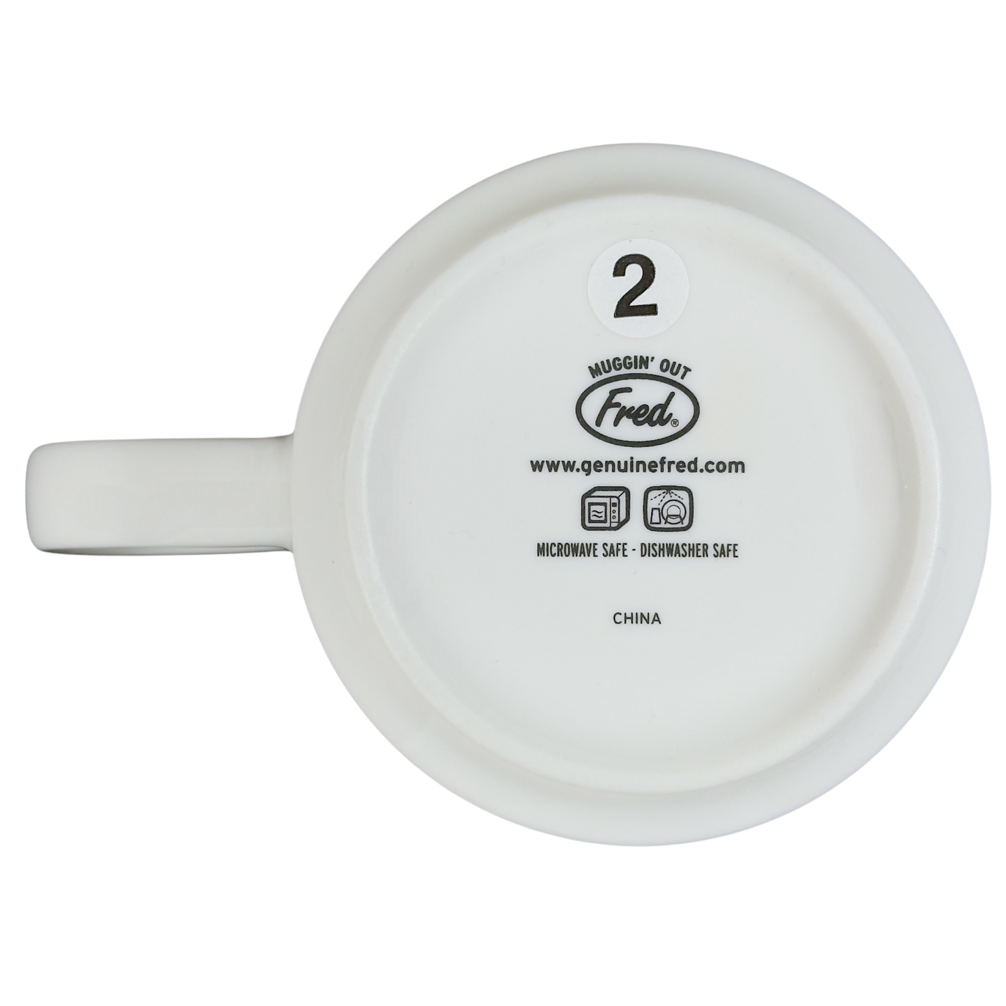 Bottom view of a Fred draggin vintage pug dog mug with care instructions and design details