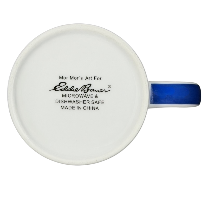 Bottom view of Eddie Bauer countryside picnic mug showing logo and microwave safe details