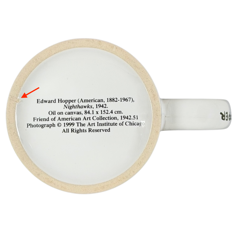Ceramic mug featuring Edward Hopper Nighthawks artwork with detailed art description on the bottom