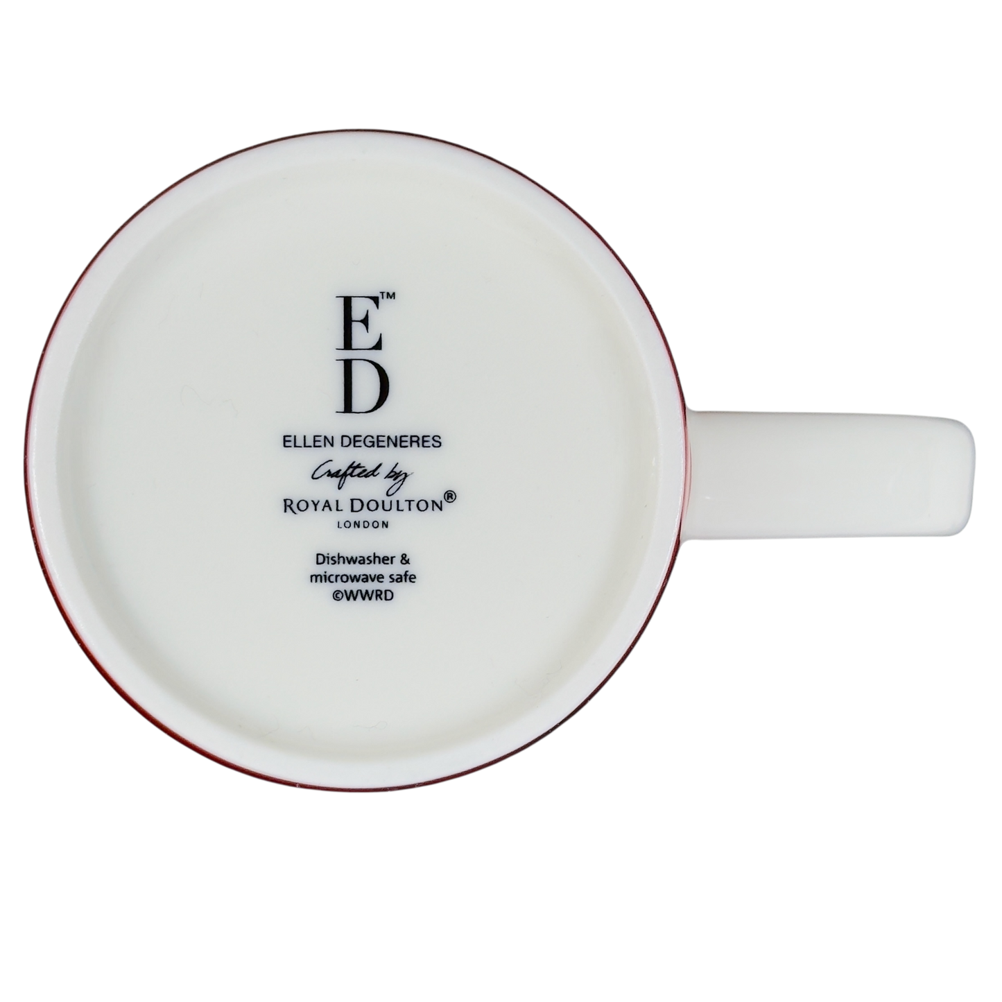 Bottom view of Ellen Degeneres collectible smile mug by Royal Doulton showing brand markings and dishwasher microwave safe label