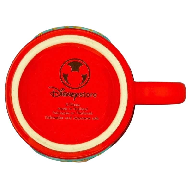 Bottom view of an embossed Tinker Bell red mug featuring Disney branding