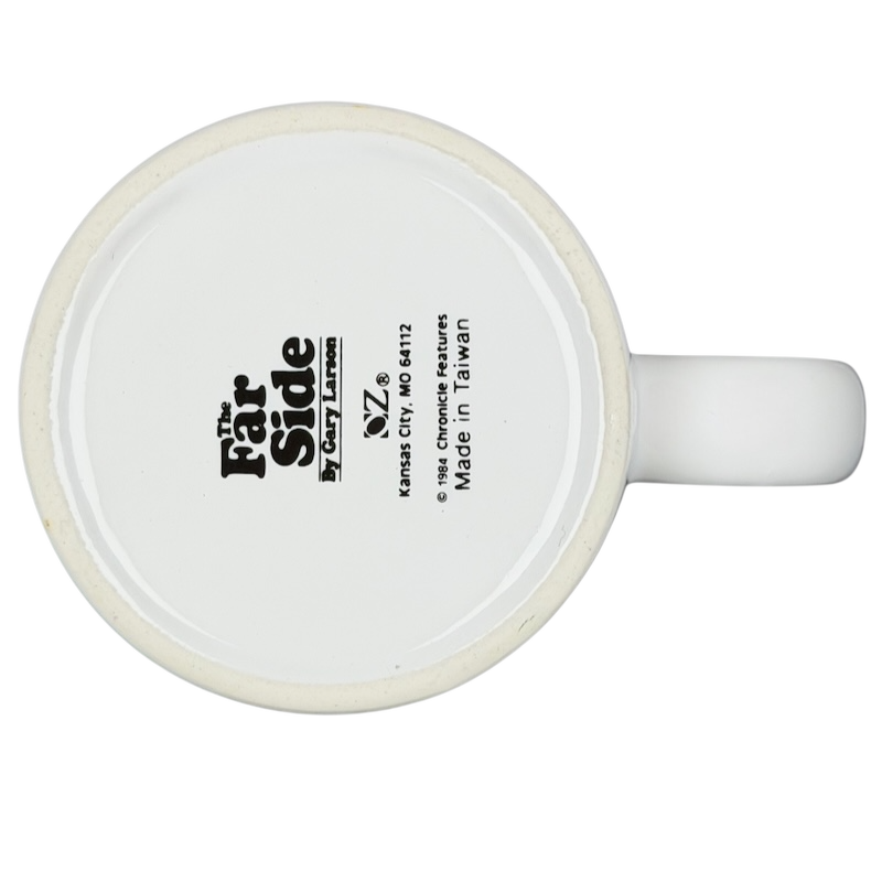 Bottom view of The Far Side Dial-a-Cat mug featuring logo and made in Taiwan label