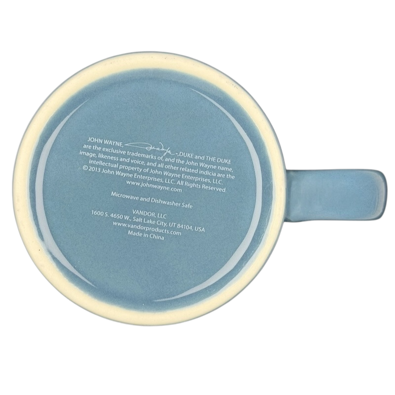 Bottom view of John Wayne code creed blue collectible mug by Vandor with logo and dishwasher safe information