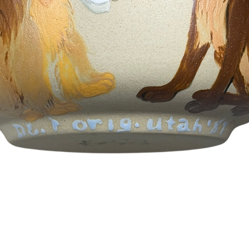 Hand-painted pottery mug featuring Lady and the Tramp design, perfect for dog lovers and collectors
