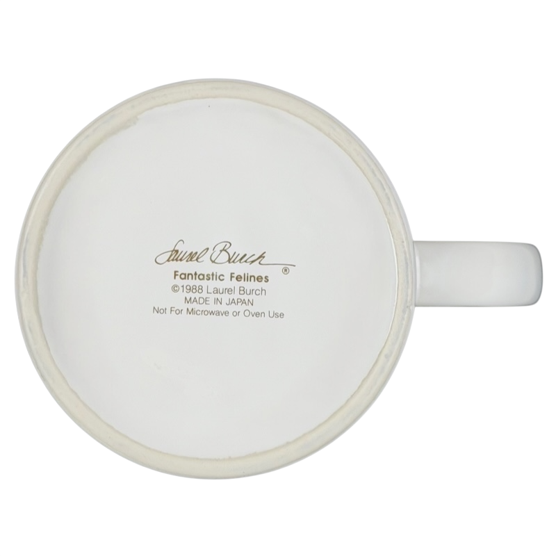 Bottom view of Fantastic Felines Mug Laurel Burch featuring signature and care instructions
