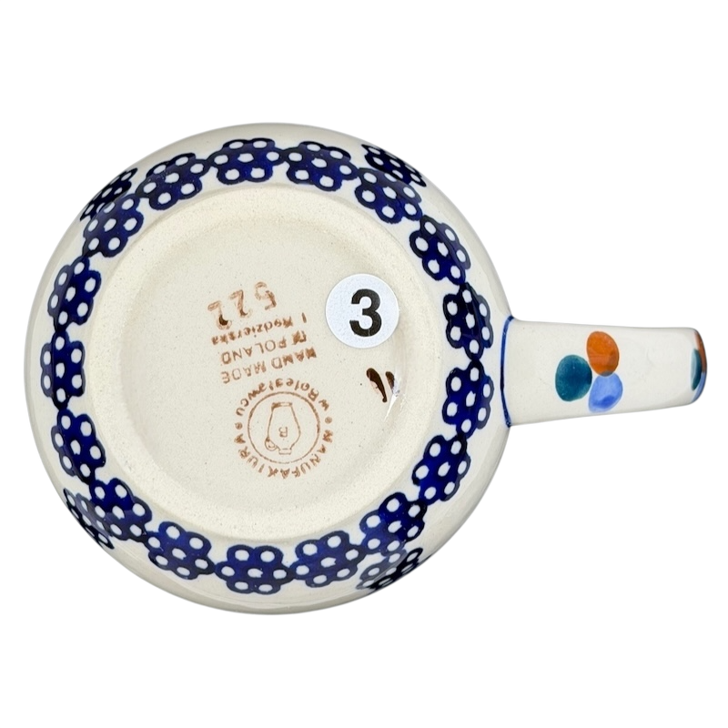 Bottom view of Polish Pottery Boleslawiec Blue Geometric Circles Mug Manufaktura showcasing intricate design and markings