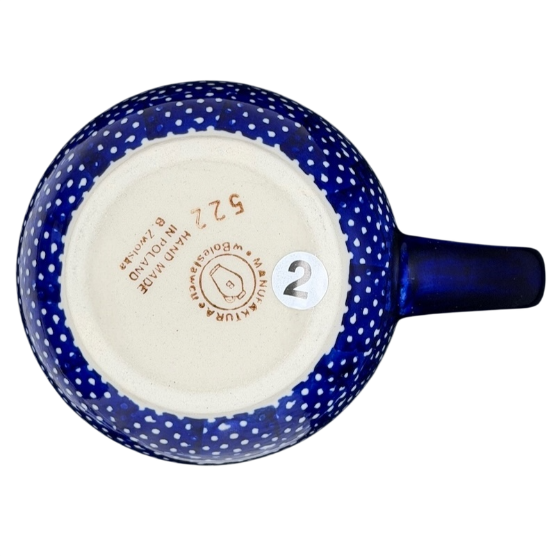 Bottom view of Polish Pottery Boleslawiec Blue Polka Dot & Orange Tulip Mug Manufaktura with signature pattern