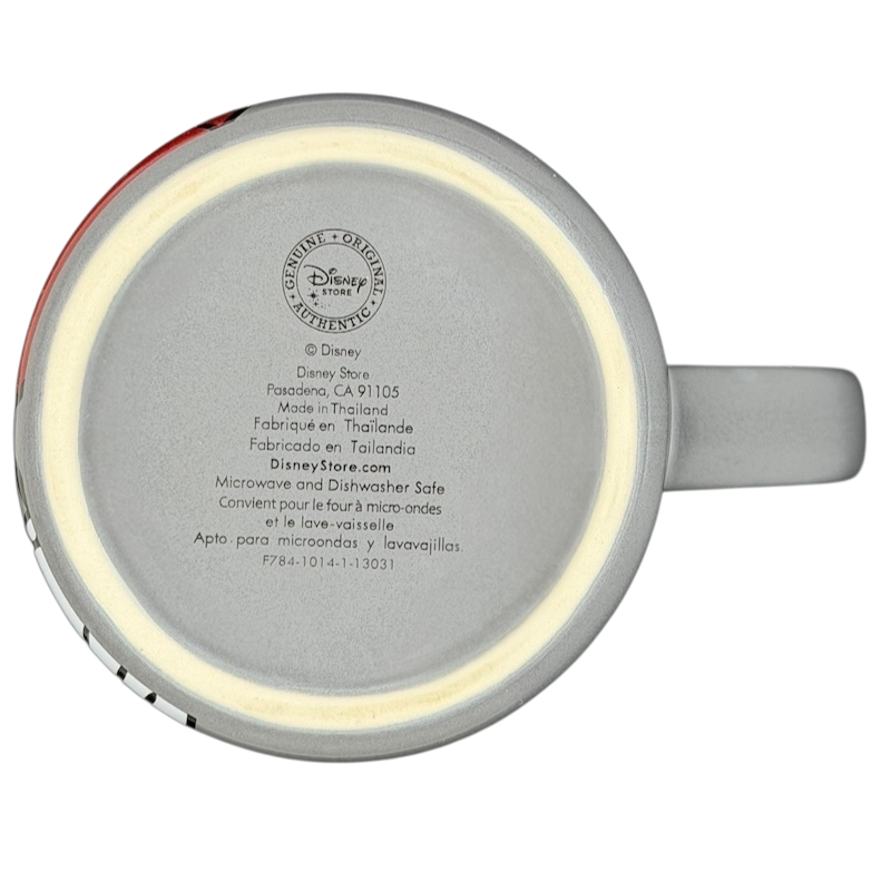 Bottom view of Mickey Mouse MM gray mug with branding, microwave and dishwasher safe label