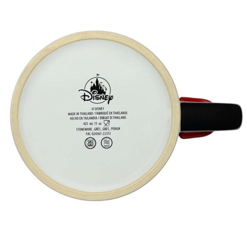 Bottom view of Disney Minnie Mouse 3D bow collectible mug showing stoneware material and branding