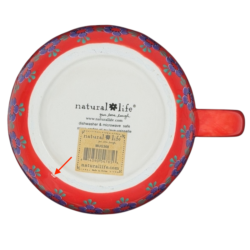 Bottom view of Russian Matryoshka Nesting Doll Mug Natural Life with colorful floral pattern and label