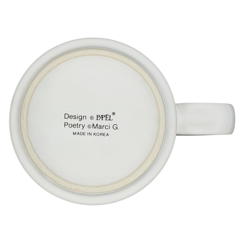Bottom view of HEATHER Poetry Name Mug Papel showing ceramic design and manufacturing details