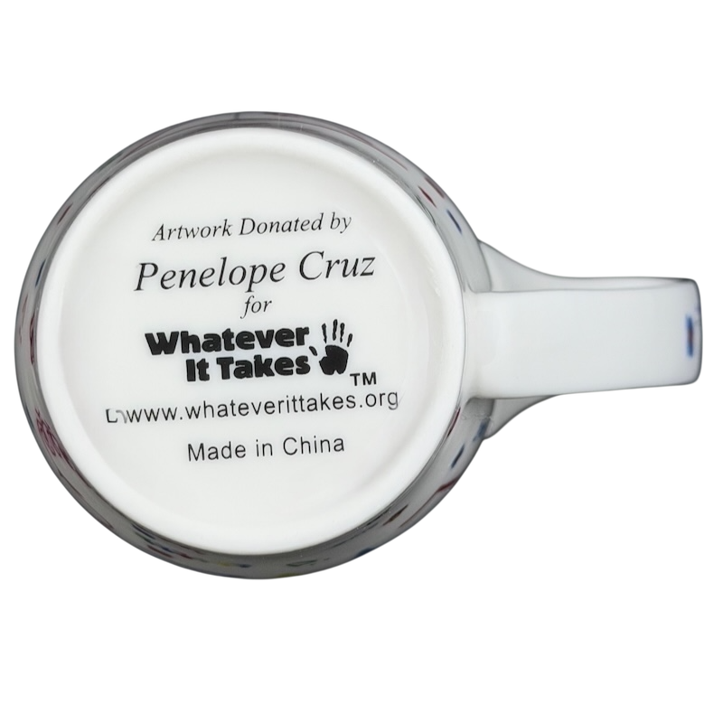 Bottom view of a Penelope Cruz collectible mug featuring artwork for charity by the actress