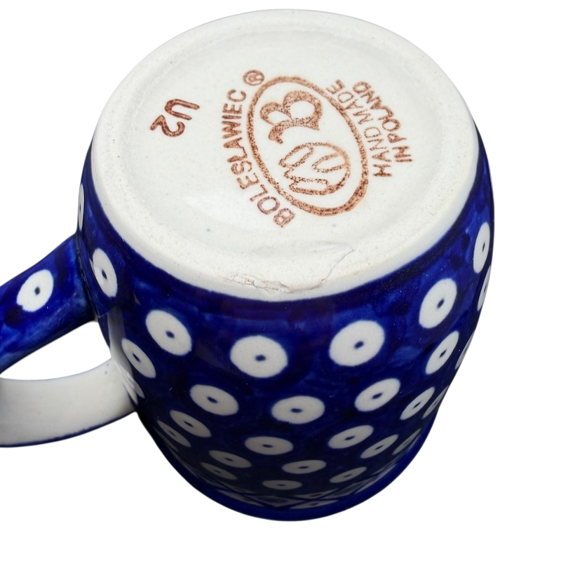 Bottom view of a Polish Pottery Boleslawiec Polka Dot Diamond Mug showcasing its unique pattern and craftsmanship