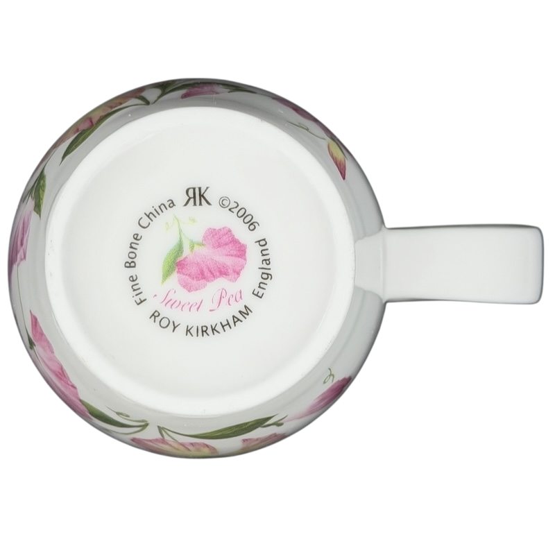 Bottom view of Sweet Pea Floral Mug Roy Kirkham showcasing fine bone china design and brand details
