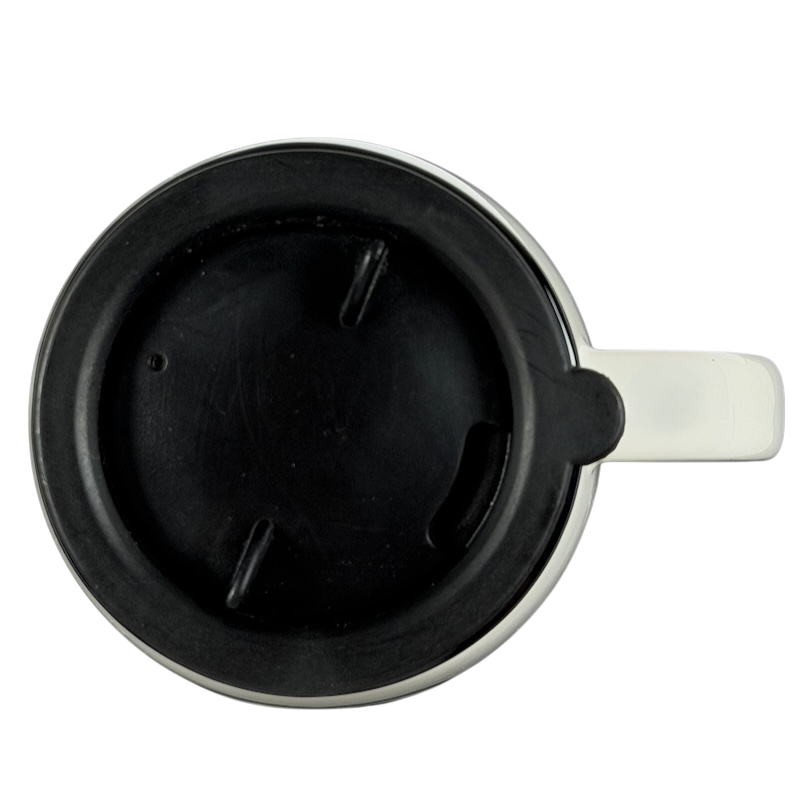 Top view of the Shelby Cobra Travel Mug RCC Koozie Norwood with a secure black lid featuring a spill-resistant design