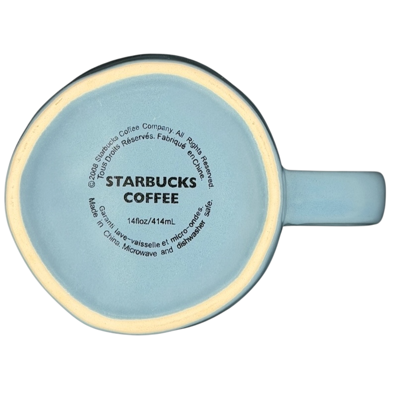 2008 Starbucks blue dotted vintage mug with printed logo and microwave-safe design