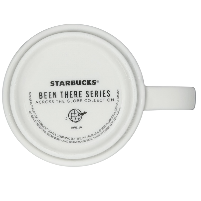 Bottom view of the Starbucks Been There Series Arizona mug with a white design and globe logo