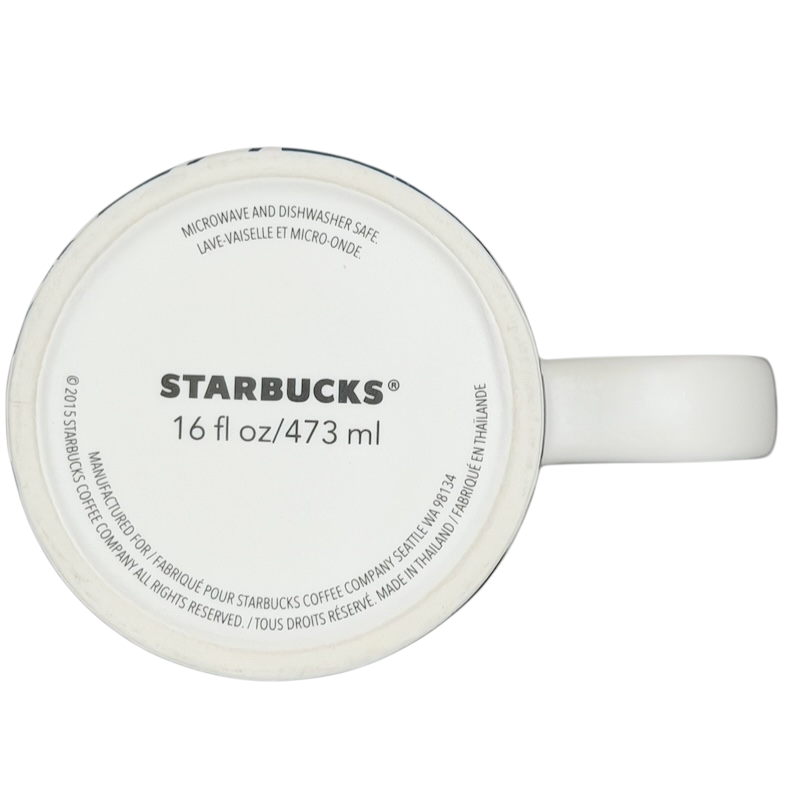 Bottom view of Starbucks Dot Collection Siren floral mug with 16 fl oz capacity, microwave and dishwasher safe