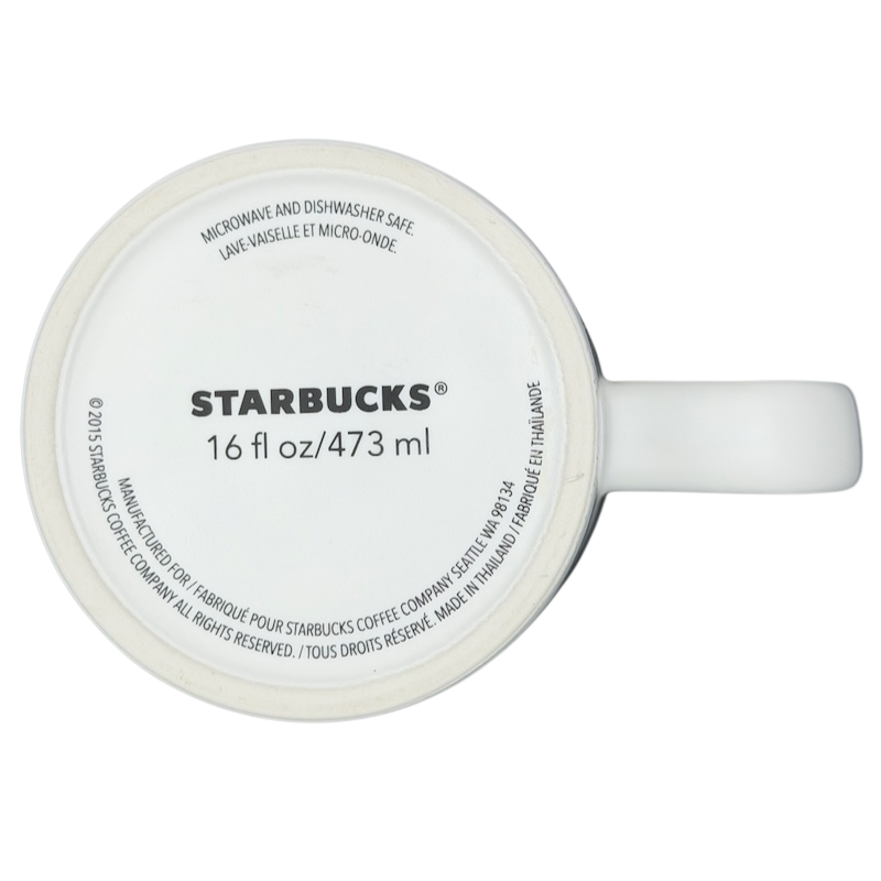 Bottom view of a rare Starbucks XOXO mug showing 16 fl oz capacity and microwave safe details