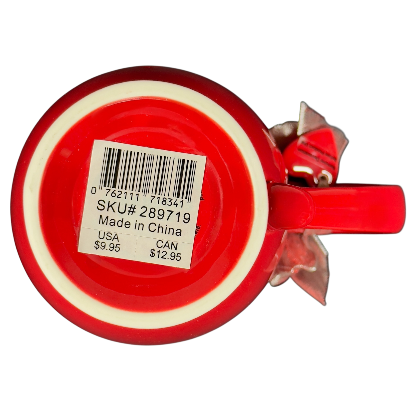 Bottom view of red Starbucks vintage love mug collectible with price tag and barcode