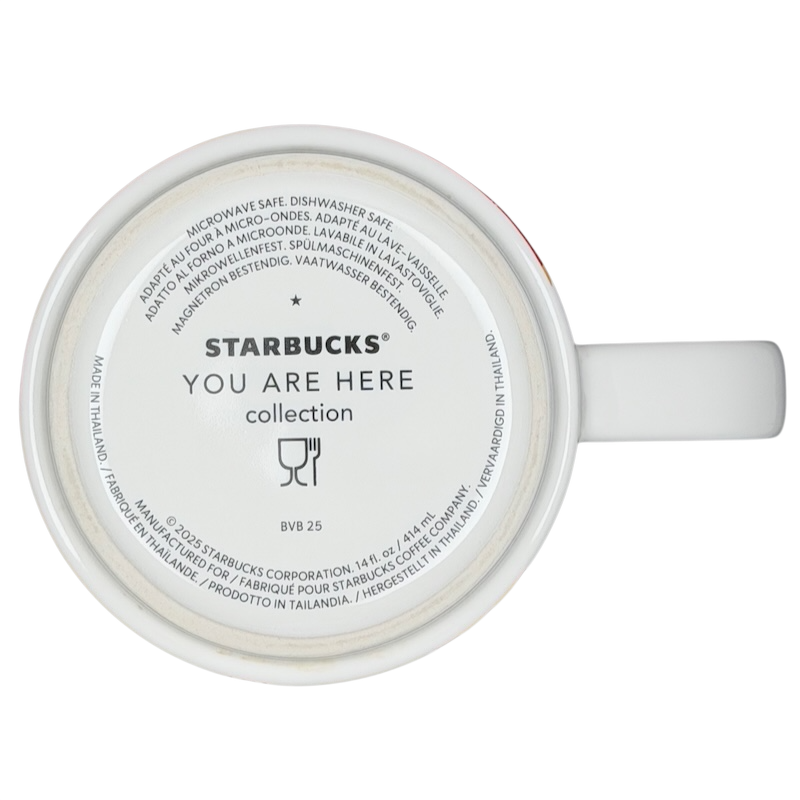 Bottom view of You Are Here Barcelona Mug Starbucks with collection details and care instructions