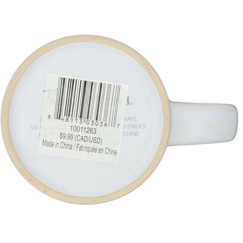 Tim Hortons Winter Ski Scene Mug with a white finish and barcode on the bottom for easy identification