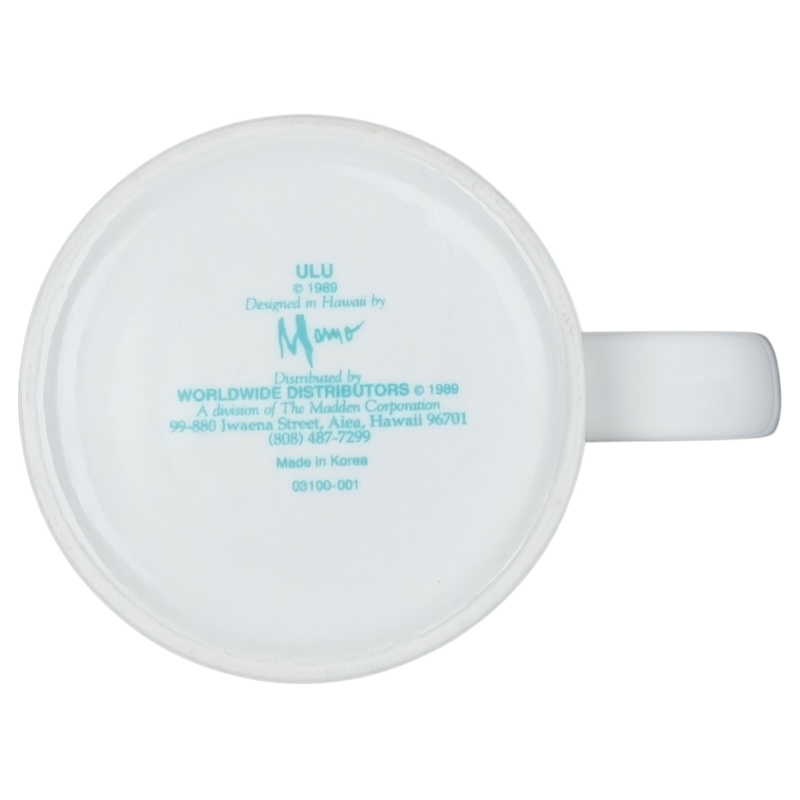 Bottom view of ULU Mamo Peach Floral vintage Mug showing brand details and design information