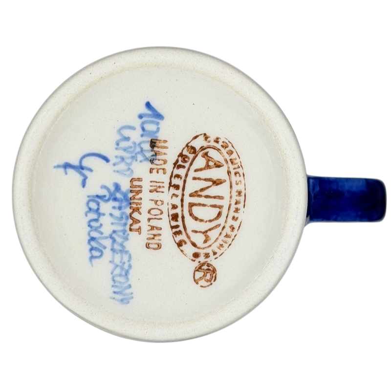 Underside view of Unikat Polish Pottery ANDY Boleslawiec Floral Mug showing its handcrafted details