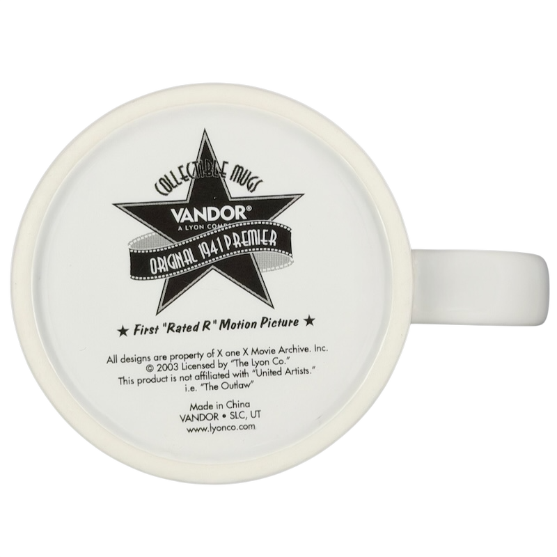 The Outlaw 1941 collectible mug from Vandor featuring a classic movie design on the bottom