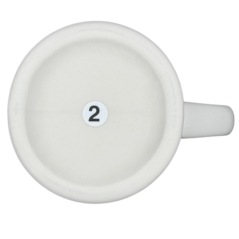 Top view of a vintage Bad Dog Wisdom Defy Authority mug with a clean white ceramic finish