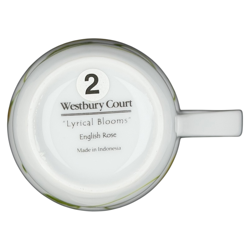 Bottom view of Westbury Court Lyrical Blooms English Rose vintage Mug with branding and manufacturing details