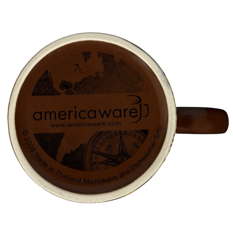 Bottom view of Yellowstone national park collectible mug 2008 by Americaware showing printed logo and details
