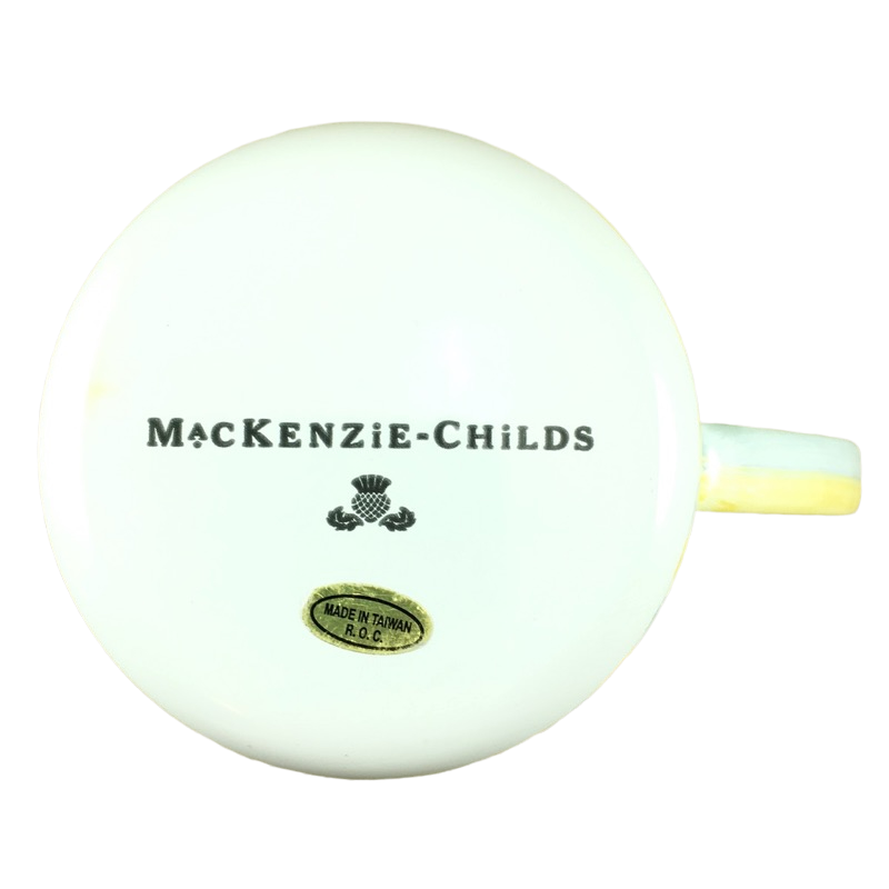 Yellow And Blue Striped And Checkered Enamel Ware Mug With Duck Inside Mackenzie Childs