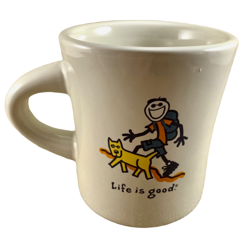 Life is Good Man Wearing Backpack Walking With Dog Mug Mug Barista