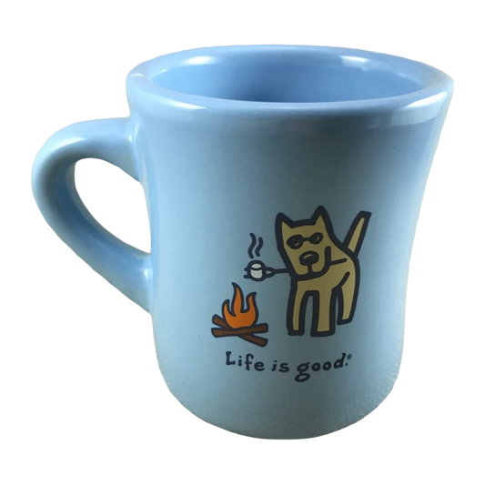 Life Is Good Dog Toasting Marshmallow Over Campfire Blue Mug