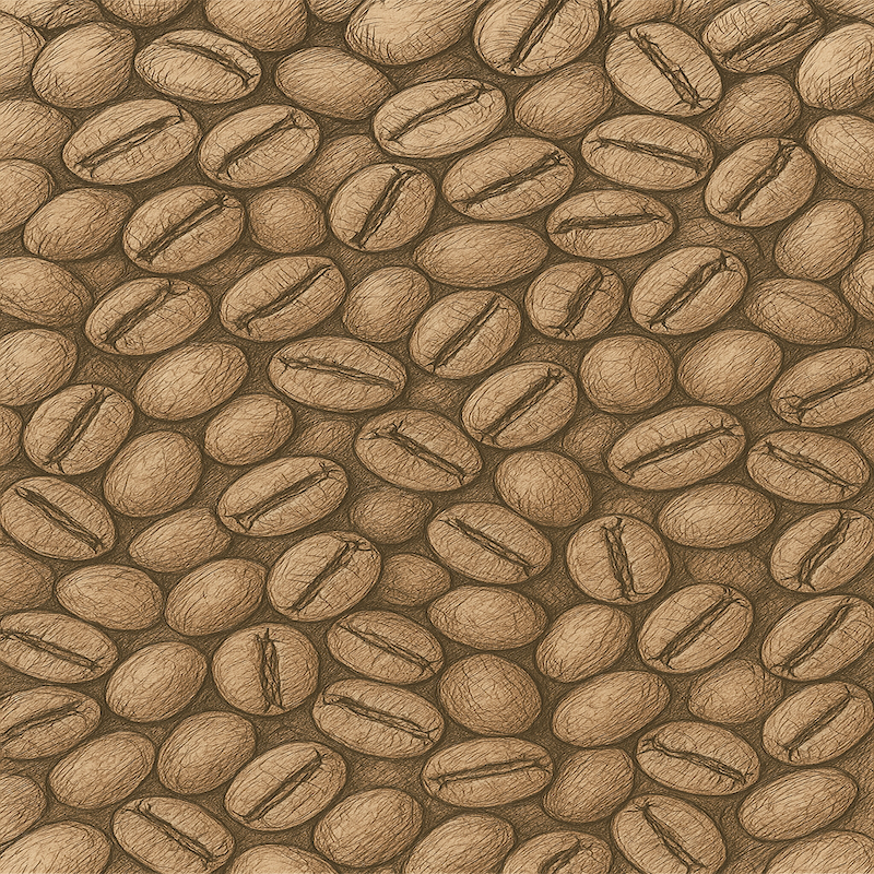 Close up pattern of roasted coffee beans promoting Barista Beans Rewards mug program for loyal customers