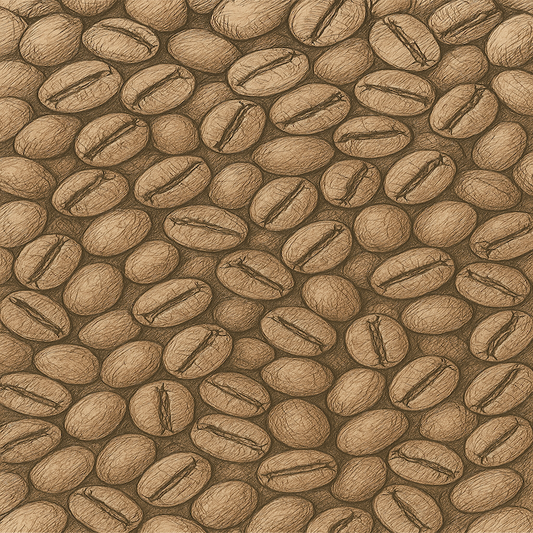 Close up pattern of roasted coffee beans promoting Barista Beans Rewards mug program for loyal customers