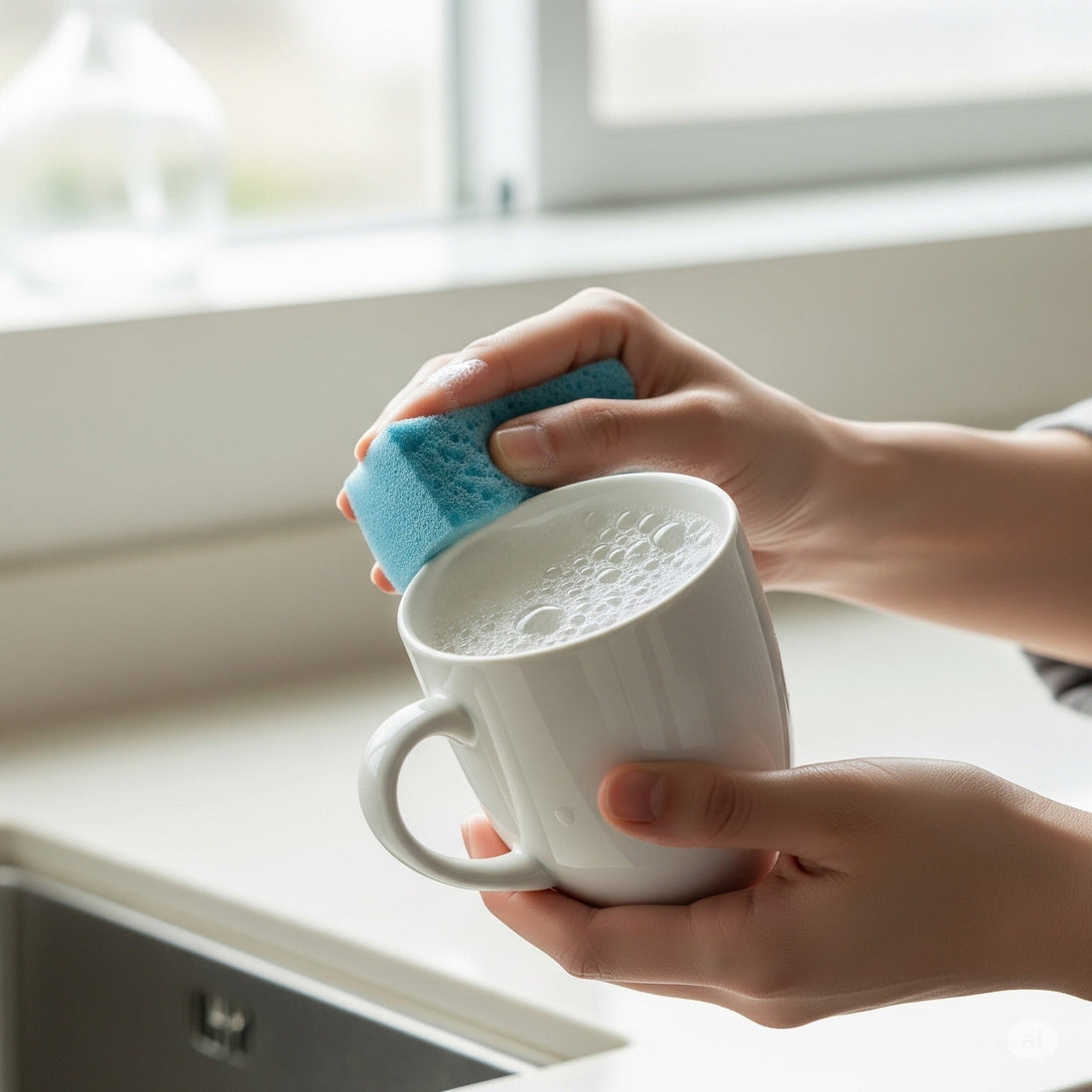 Person using a sponge to wash a vintage mug, demonstrating vintage mug care tips
